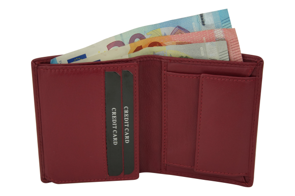 Mini Geldbörse mit Klappe dünn im Hochformat, flaches Portemonnaie mit RFID Schutz Folie mit Geschenk Box LEAS in Echt-Leder, rot