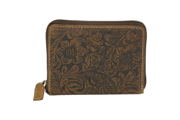 Damenbörse mit umlaufenden Reißverschluss Vintage Lilianen-Muster in Echt-Leder, cognac