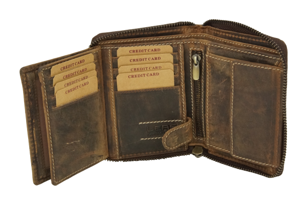 Damenbörse mit umlaufenden Reißverschluss Vintage Lilianen-Muster in Echt-Leder, cognac