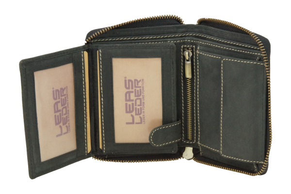 Damenbörse mit umlaufenden Reißverschluss Vintage Lilianen-Muster in Echt-Leder, schwarz