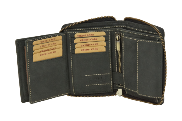 Damenbörse mit umlaufenden Reißverschluss Vintage Lilianen-Muster in Echt-Leder, schwarz