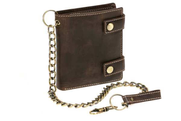 Biker- & Truckerbörse im Hochformat mit 12 Kartenfächern, hochwertiger Kette & Geschenkbox LEAS im Vintage-Stil in Echt-Leder, braun