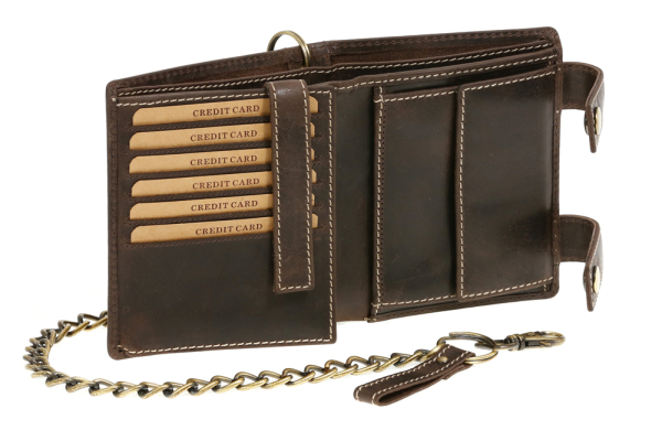 Biker- & Truckerbörse im Hochformat mit 12 Kartenfächern, hochwertiger Kette & Geschenkbox LEAS im Vintage-Stil in Echt-Leder, braun