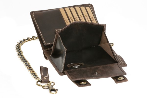 Biker- & Truckerbörse im Hochformat mit 12 Kartenfächern, hochwertiger Kette & Geschenkbox LEAS im Vintage-Stil in Echt-Leder, braun