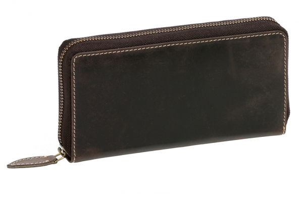 Große Vollleder Damen Geldbörse natur Usedlook Reißverschluss rundherum Damenlangbörse Portemonnaie Brieftasche lang LEAS in Echt-Leder, braun - LEAS Vintage-Collection 19,5x9,5x2cm (BxHxT)