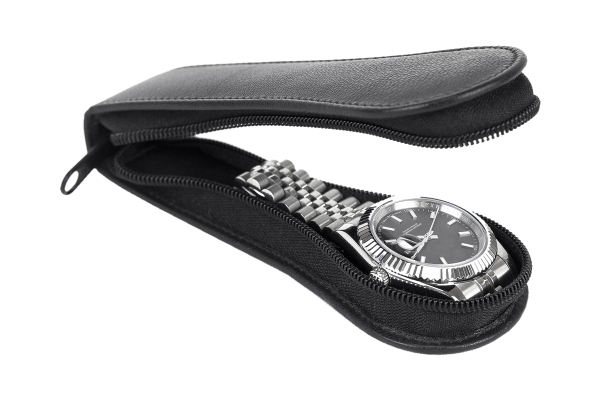 LEAS Uhrenetui für 1 Uhr mit Reißverschluss aus feinstem Rind Leder schwarz 15x6x2,5cm (BxHxT)